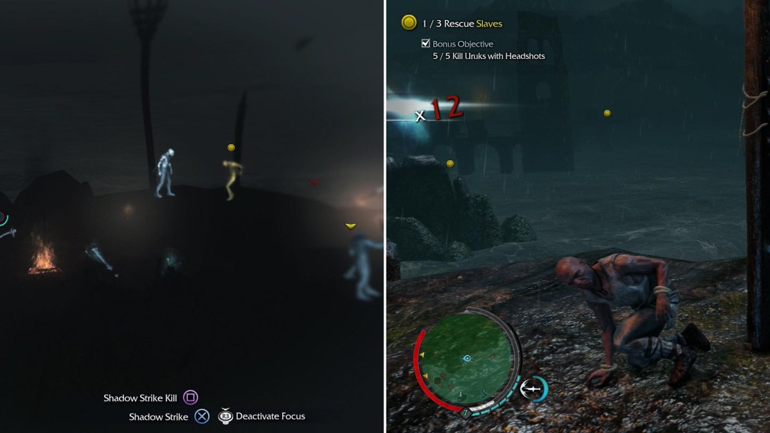 Find five arrows a home in the heads of a similar number of Uruks (left) then free the slaves (right).