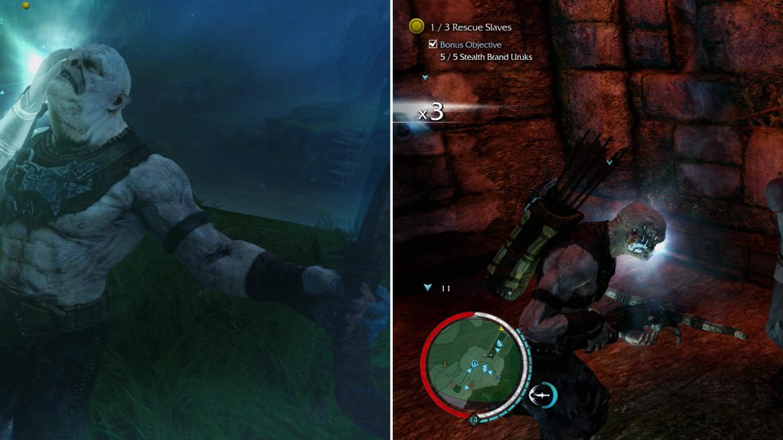 Abuse your newfound Brand ability to satisfy a bonus objective (left) then rescue three slaves (right)