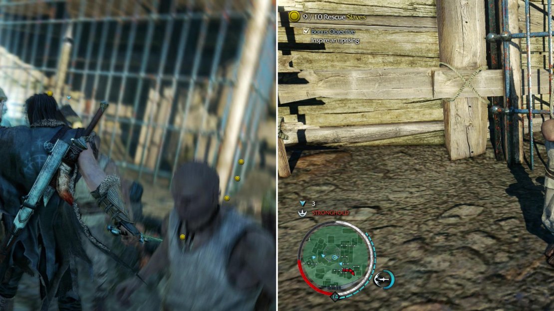 Combat Brand some Uruks to give you some allies (left) then free enough slaves to inspire an uprising (right).