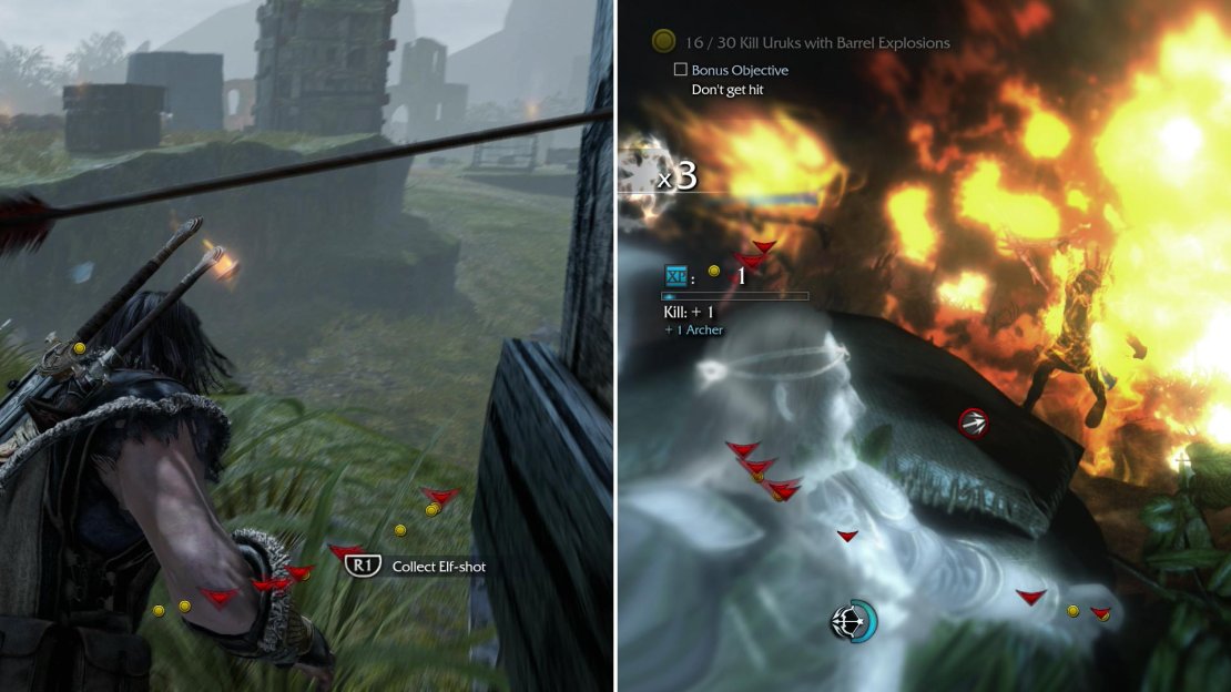 You’ll need to dodge constantly to avoid the arrows of the archers that surround you (left), stopping only when a number of them have gathered around explosive barrels (right).
