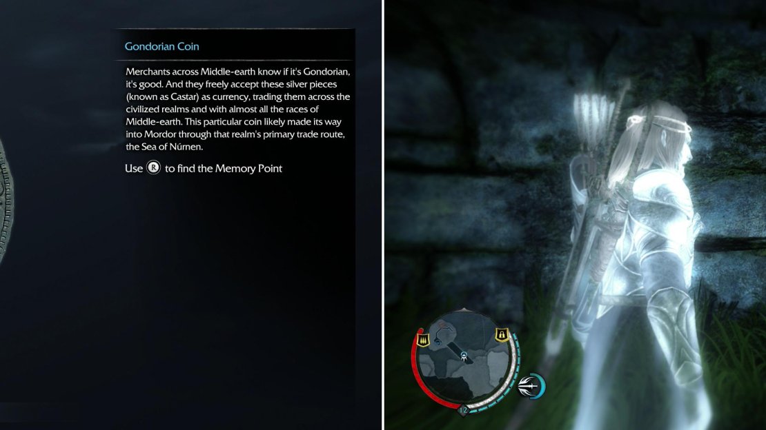 Pick up the Gondorian Coin (left) and investigate the “Tol Acharn” Ithildin (right).