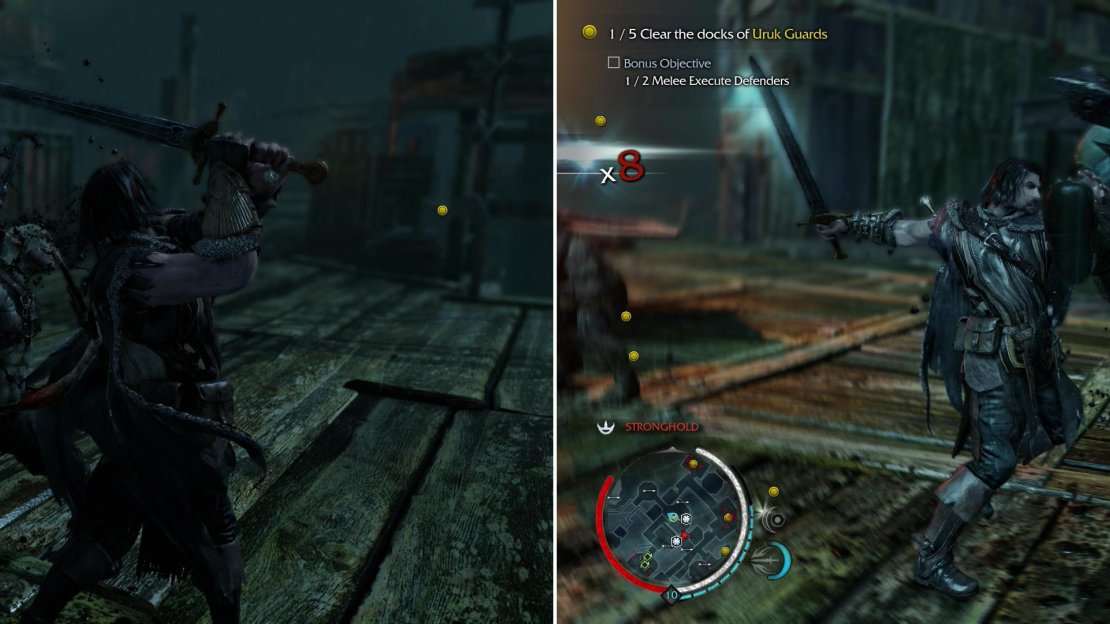 Kill five groups of Uruk Guards (left). While doing so, perform Combat Finishers on two Uruk Defenders to complete a bonus objective (right).