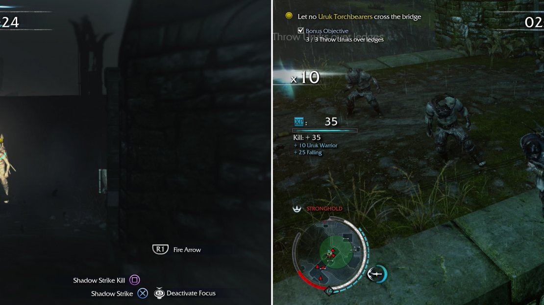 The easiest way to stop Torchbearers is to shoot them in the head (left). Chuck some Uruks off the bridge to complete a bonus objective (right).