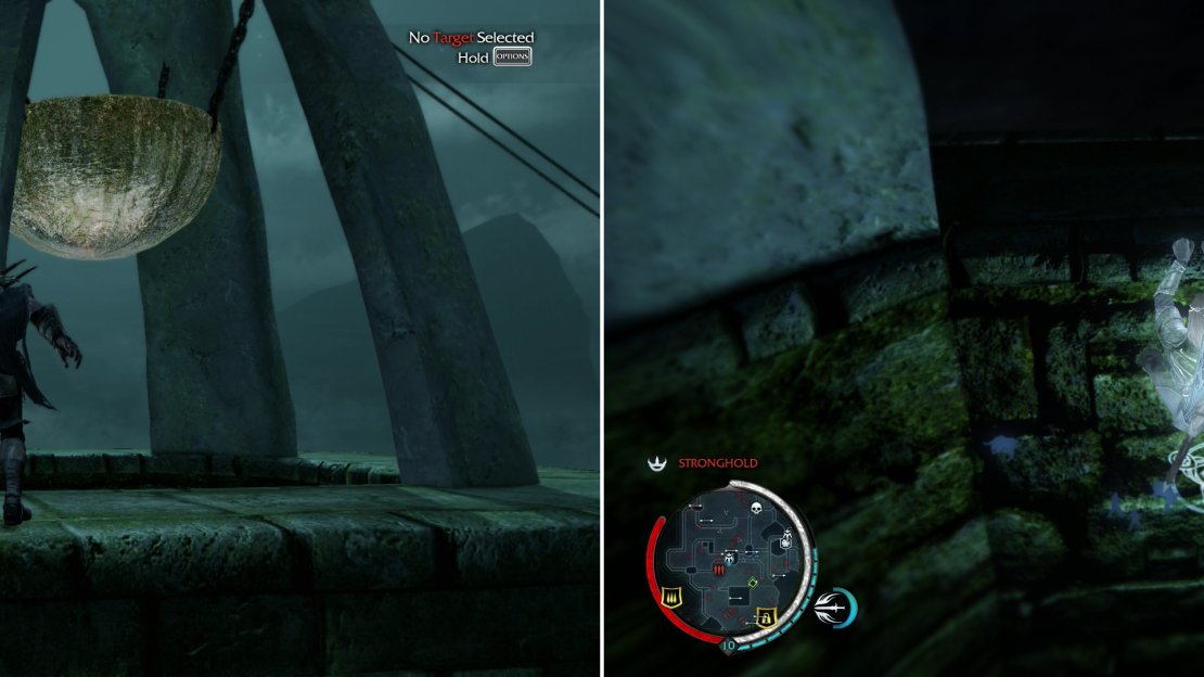 Scale to the top of a large tower (left) to find the “tolo dan nan galad” Ithildin (right).