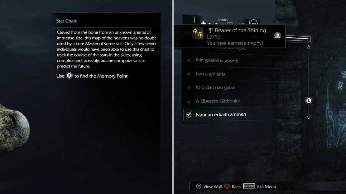 Find the Star Chart Artifact (left) then investigate the “Naur an edraith ammen” Ithildin to finish our collection (right).