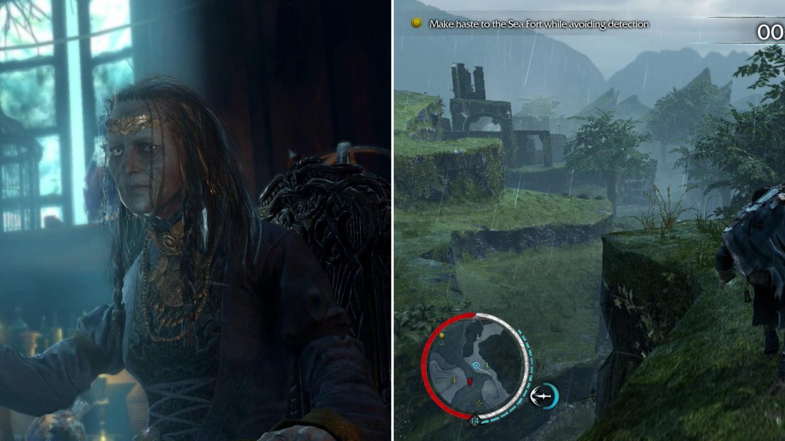 Marwen reveals that we’re under a blood curse, and that we need to defeat the Black Hand to be free from it (left). First, however, we’ll have to claim a new power, which requires us to make haste to a nearby fortress without being detected. High ground is, as usual, useful towards this end (right).