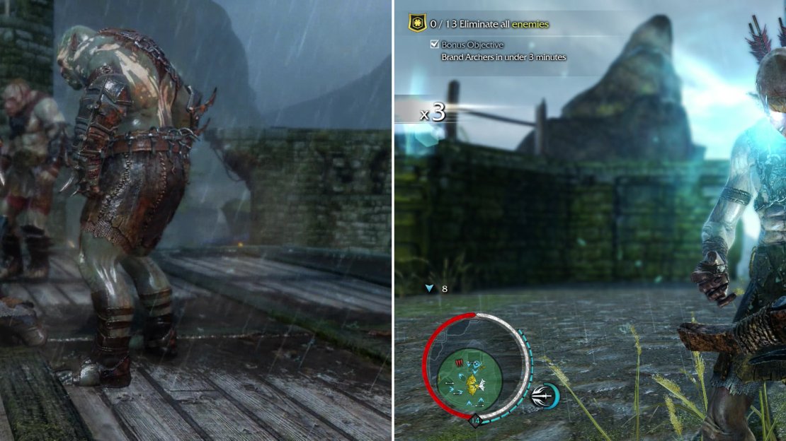 The Uruk’s captives face a grim fate (left). Brand the archers surrounding the area to aid in your assault (right).
