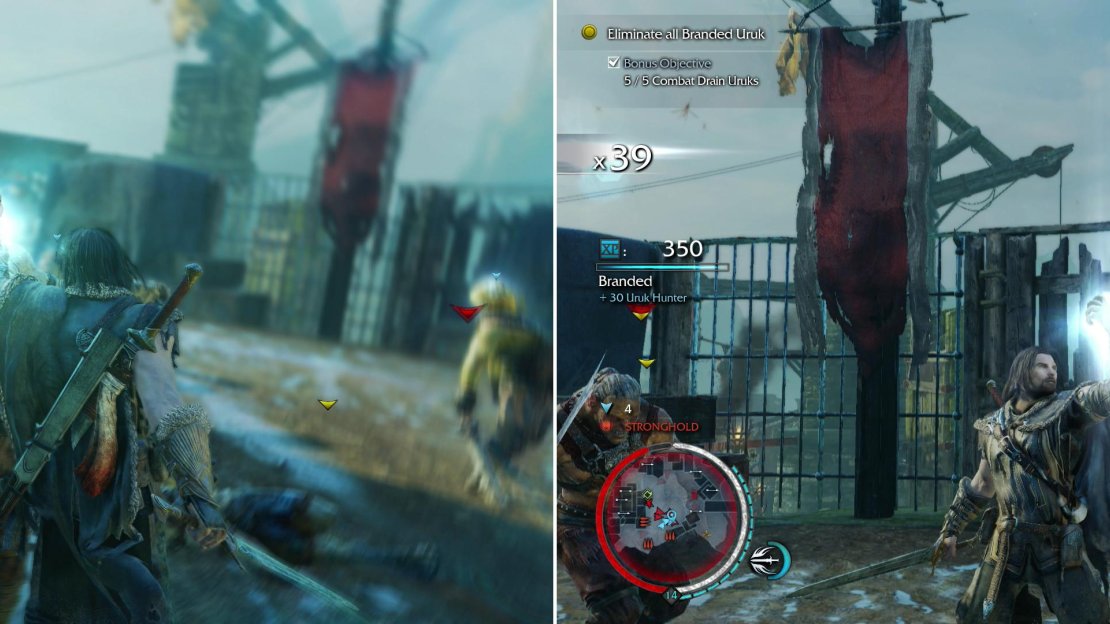 Combat Brand Uruks and turn them on their allies (left) then dispose of your enslaved Uruks (right).
