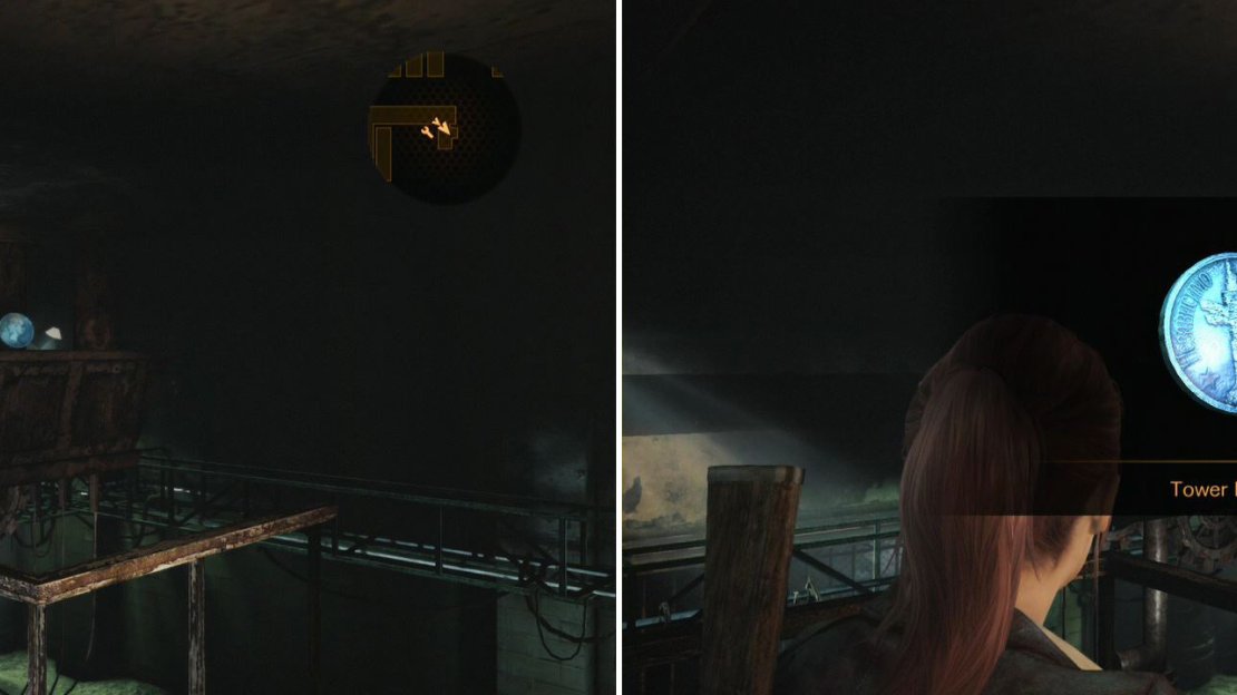 Third Tower Emblem is found on top of the Gear Contraption. Shoot it down or wait for Barry to get it!