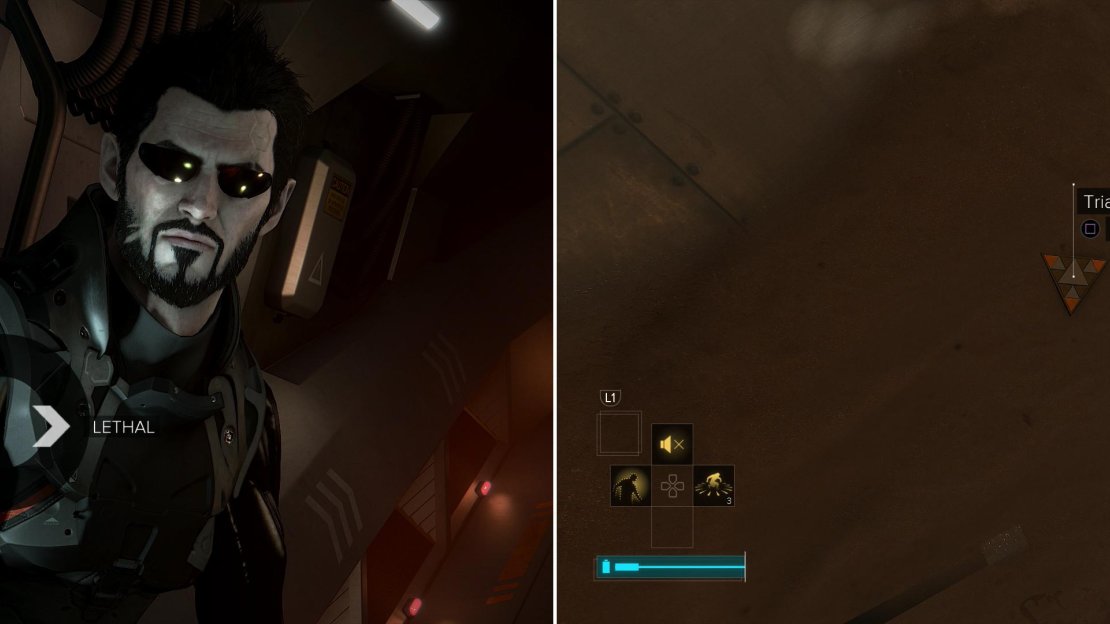 Choose your weapon preference - lethal or non-lethal (left). Search an airshaft to find Triangle Code #1 (right).