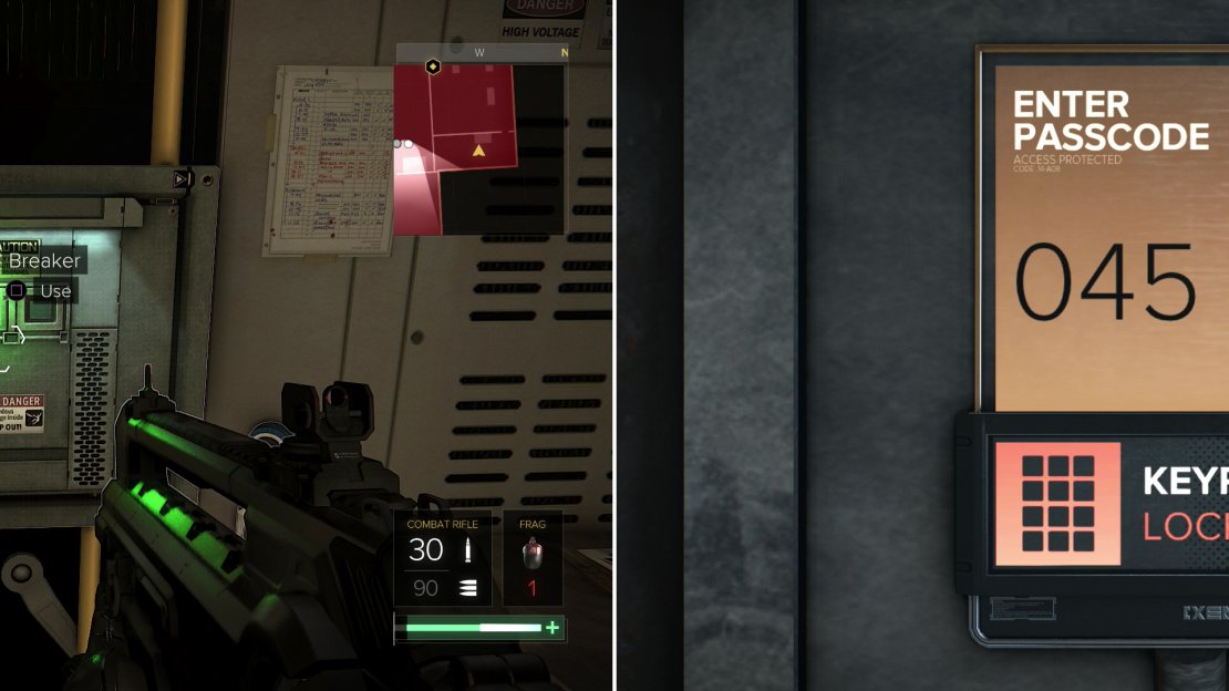Flip a breaker to restore power to the Keypad (left). Enter the code “0451” into the Keypad to get the trophy/achevement “A Heated Combination” (right).