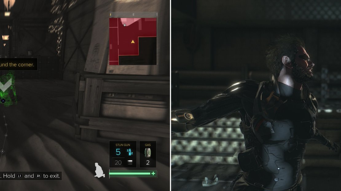 To complete tutorials, just move to all the green holograms (left). You can put your training to good use and take out some guards near an elevator (right).
