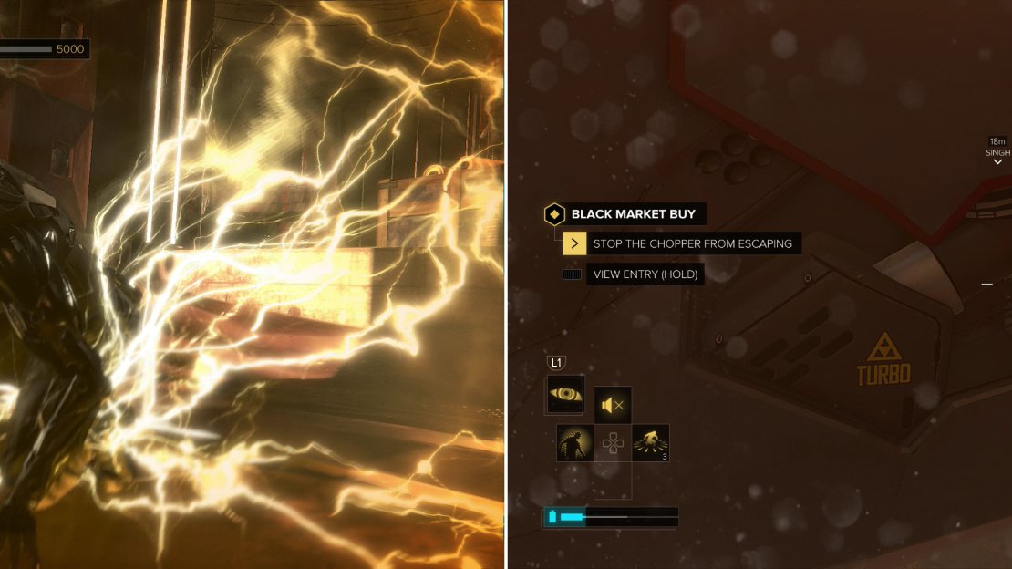 Get the drop on one of the gold masked augs with the “Icarus Landing” augmentation (left). Rush to the helicoptor and pull out the battery to complete the mission (right).