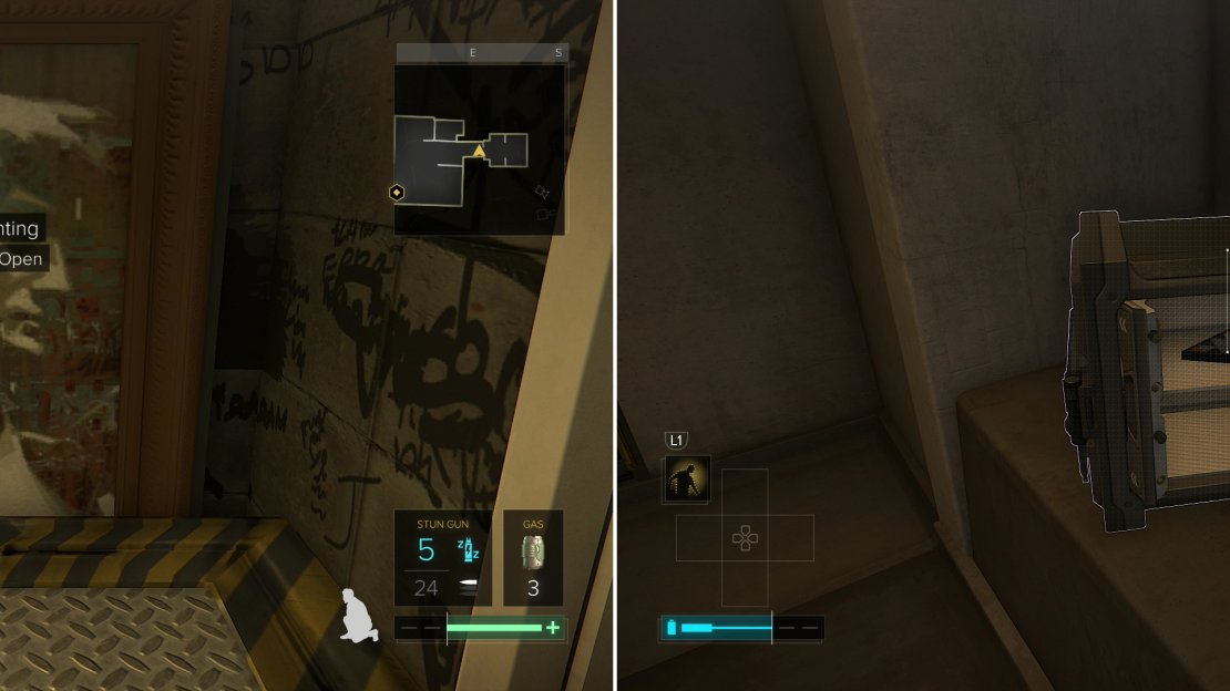 Move a painting out of the way and enter a gas-filled chamber beyond (left). Gain access to Koller’s safe to score a Praxis Kit (right).