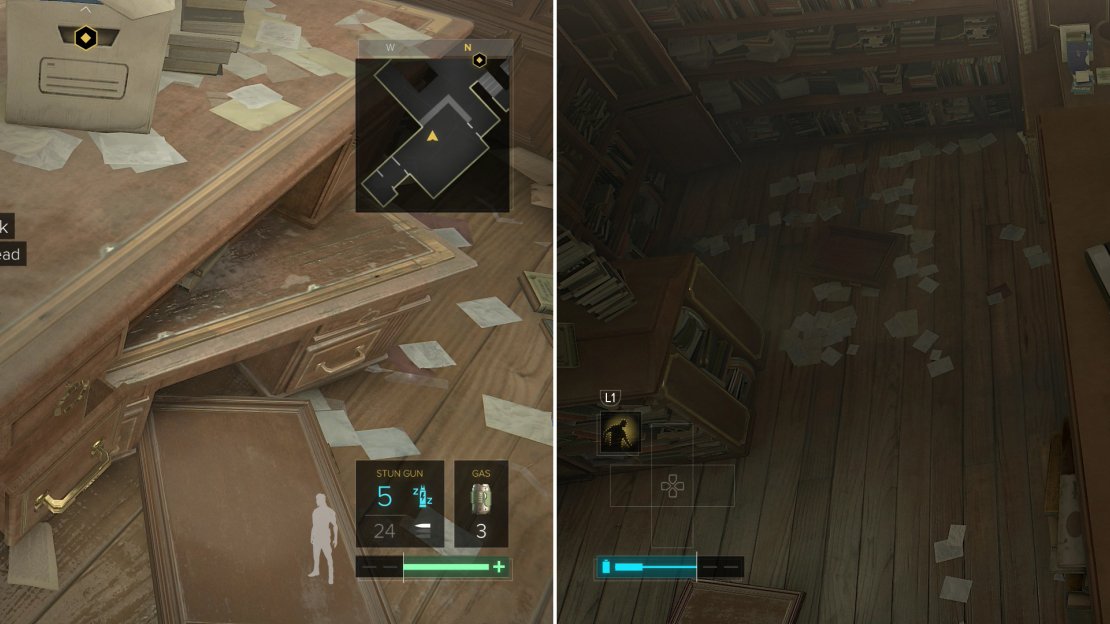 After meeting Koller, the Dvali Thugs will have left and you can pick up several collectibles unmolested (left). The hard-to-find unit of Breach Software #30 is near an over-turned box atop a bookshelf (right).