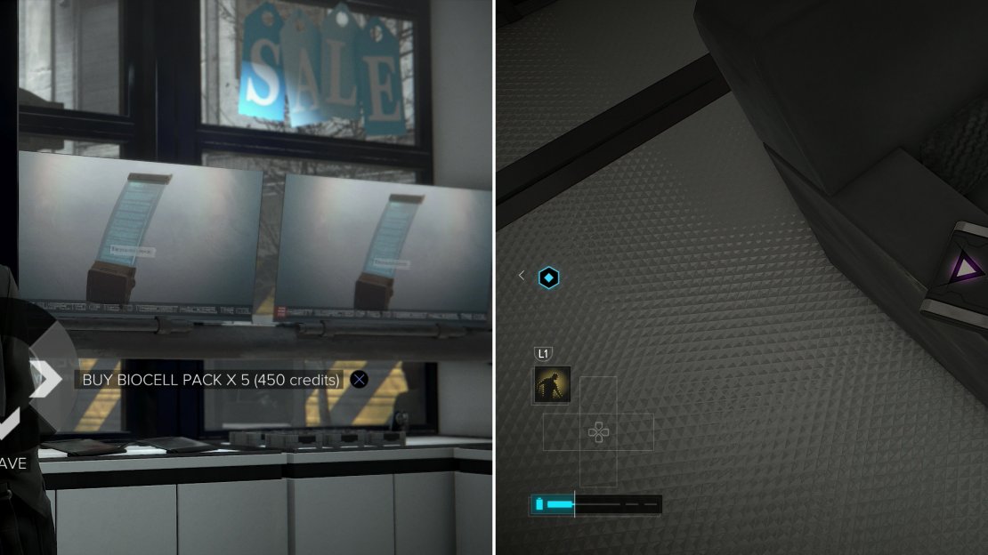 The vendor of the Tubehouse store will offer to sell you a bundle of Biocells (left). You can also head downstairs and grab Breach Software #20 (right).