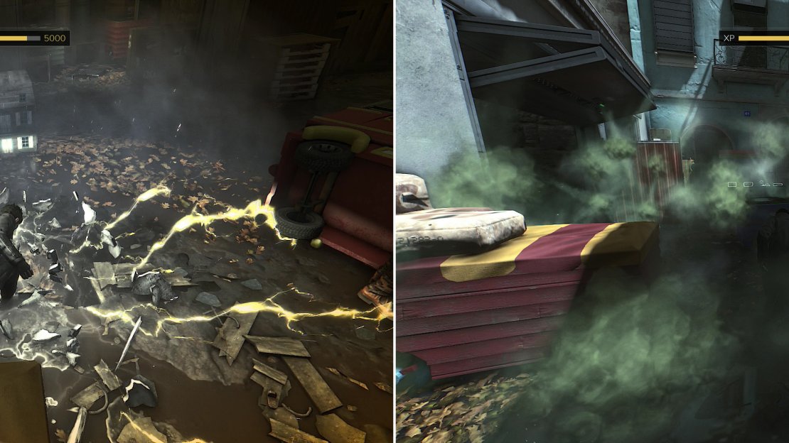 Jump off the roof of a building and dispatch a foe with “Icarus Landing” (left) then immediately use your “Typhoon” augmentation on another foe to earn a trophy/achievement (right).