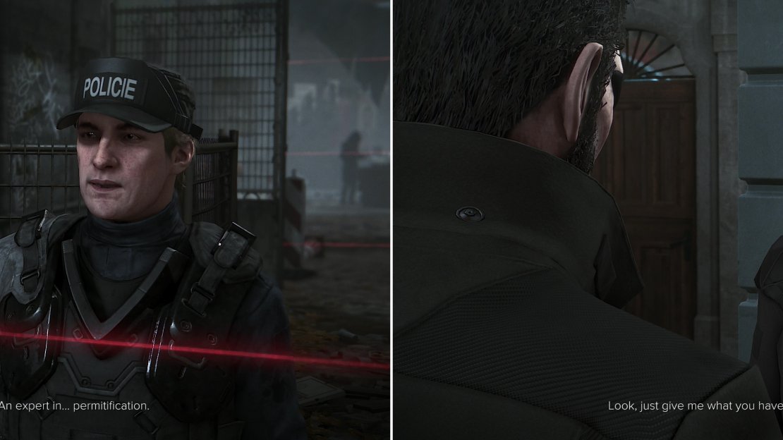 At the “Police Checkpoint” you’ll be stopped by a crook named Drahomir (left). He’ll direct you to an expert in… permitification - the scam is all too apparent (right).