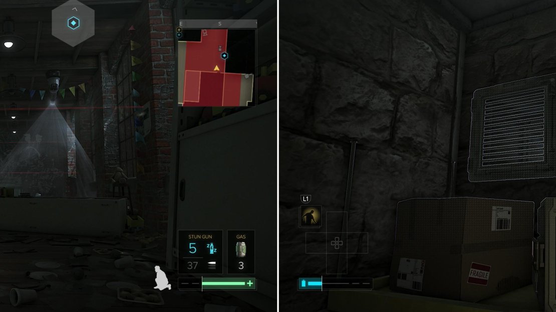 You can either enter the front door and sneak through all the security (left) or just climb through a vent and get right to your destination (right).