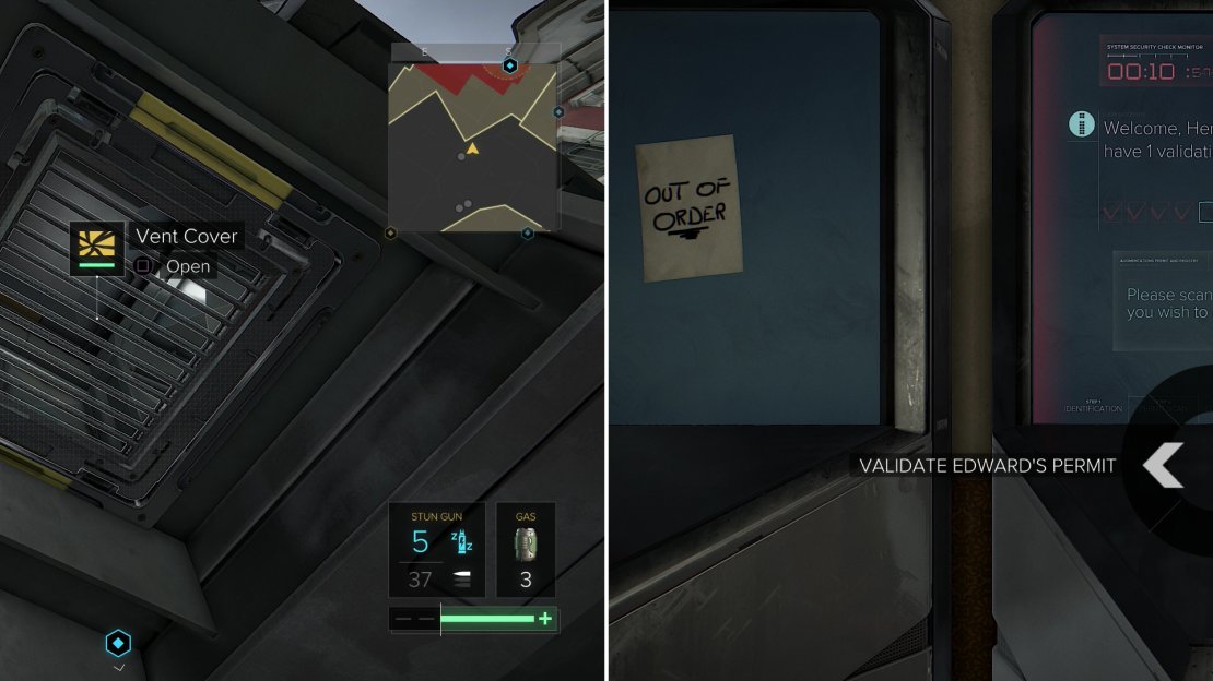 Climb through a vent near the Monument Station (left) and choose who gets the golden ticket (right).