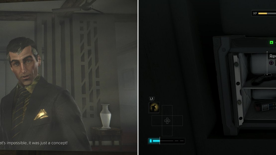 Confront Sarif and ask him about your mysterious augmentations (left) then go grab a bit of loot you couldn’t grab the first time around (right).