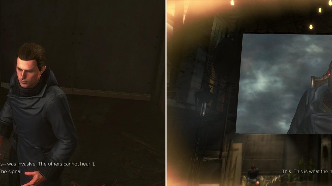 Talk to Viznik to learn about some mind-control cult (left) then visit the cult compound to experience the compulsion first hand (right).