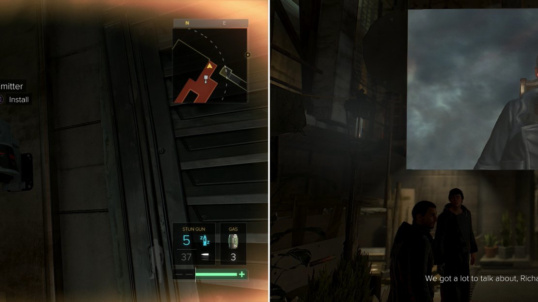 Plant the Scrambling Devices to neutralize Richard’s Emitters (left) then, with your faculties restored, confront Richard in a war of words (right).