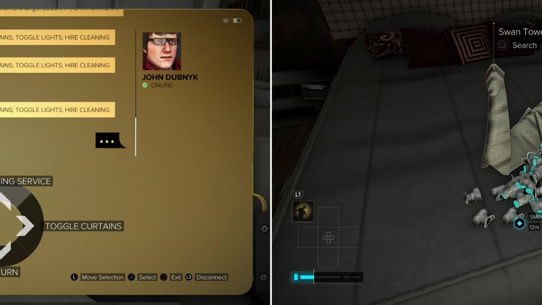 Hack the computer and call a cleaning service (left), then head upstairs to find a towel swan containing a Neon Keycard (right).