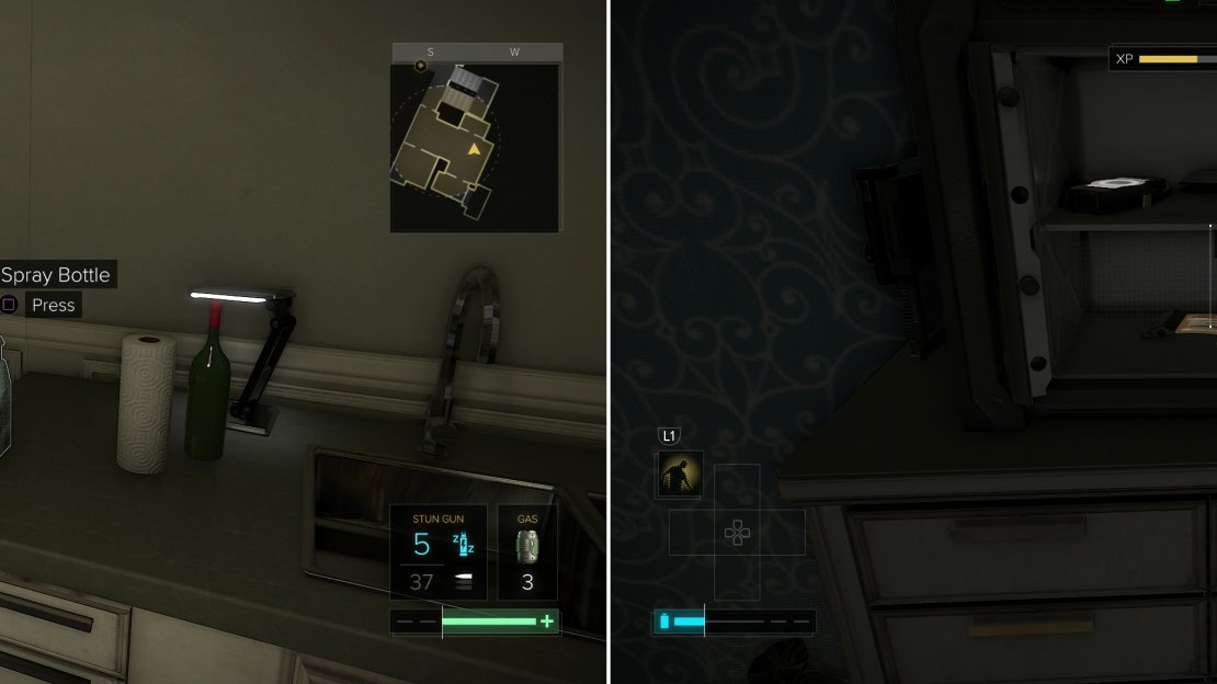 Press a Spray Bottle to reveal a secret door (left) then loot a safe to find a Pocket Secretary with the location of the Neon Lab on it (right).