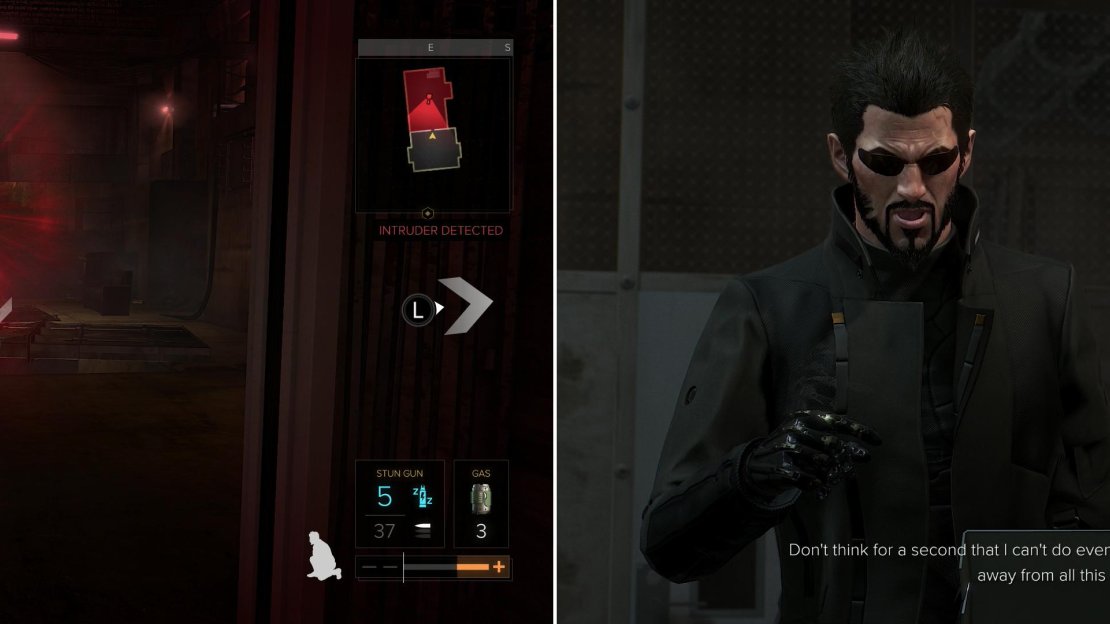 A turret guards the entrance to the Neon Lab (left). Sneak into the Neon Lab and confront the Chemist and talk her into quitting (right).