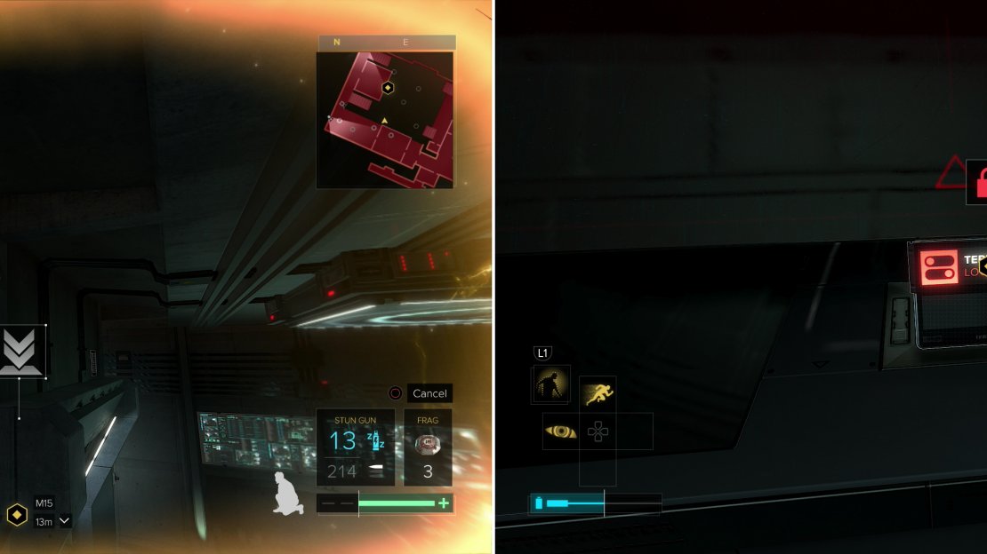 Icarus Dash will help you get past the terrorists without hassle (left). Activate the Security Override Switch to get Macready back on track (right).