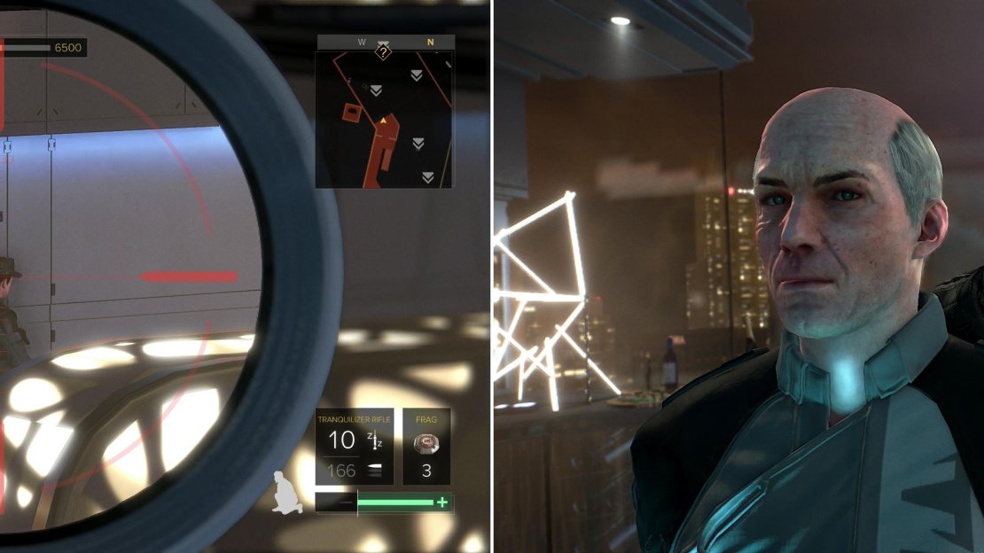 Reach a balcony and take out two isolated enemies with your Tranquilizer Rifle, if you’ve got the aim (left) then head down to the reception floor and finish off the few remaining foes (right).