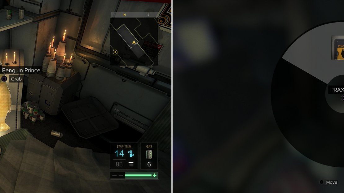 Behold, the golden penguin king! (left) Search a case in Korimir Baksas’s apartment to find a Praxis Kit (right).