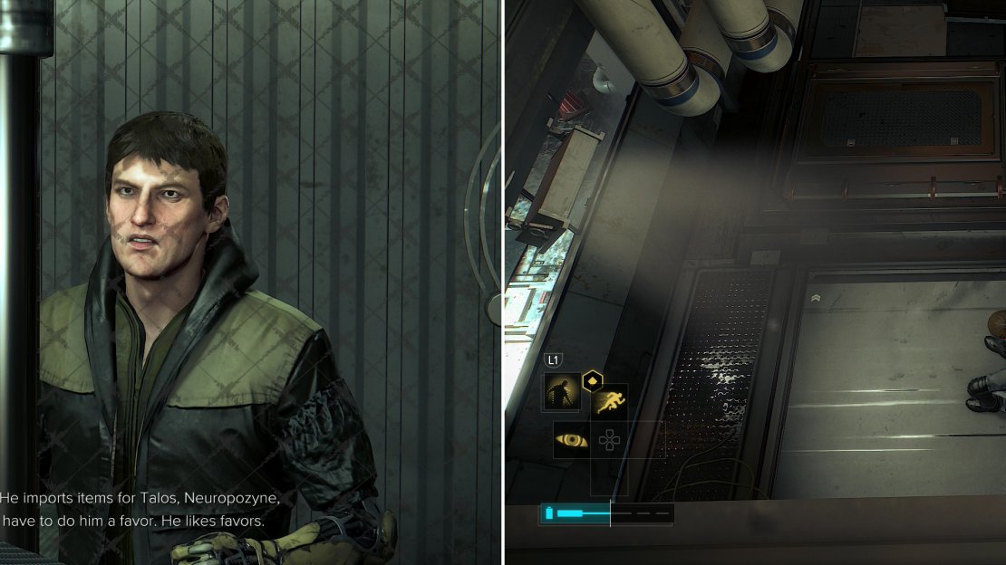 Your contact will renege on his end of the deal, but he’ll point you to other options (left). Further on you’ll find Dusan, who is being roughly treated by the cops (right).