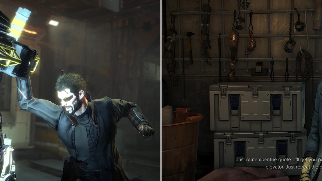 Dispatch the Exo-Suit by shooting it with your Stun Gun, then performing a takedown while it’s staggered (left). To show his gratitude, Dusan will tell you a password (right).