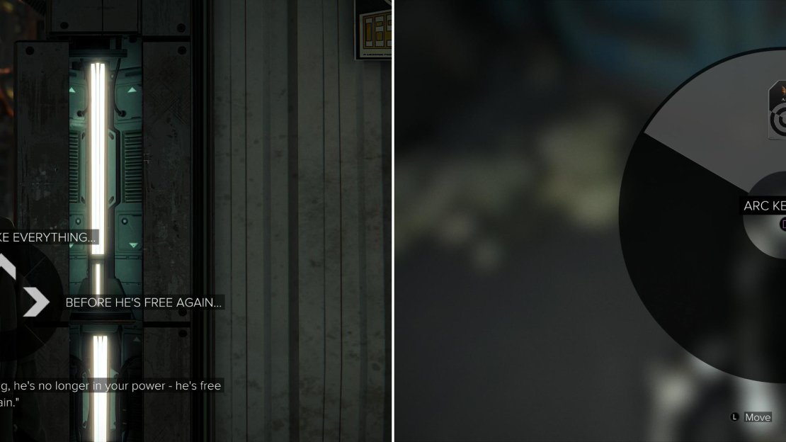 Recite the password Dusan gave you (left) or knock out a cop and take his pilfered ARC Keycard (right).