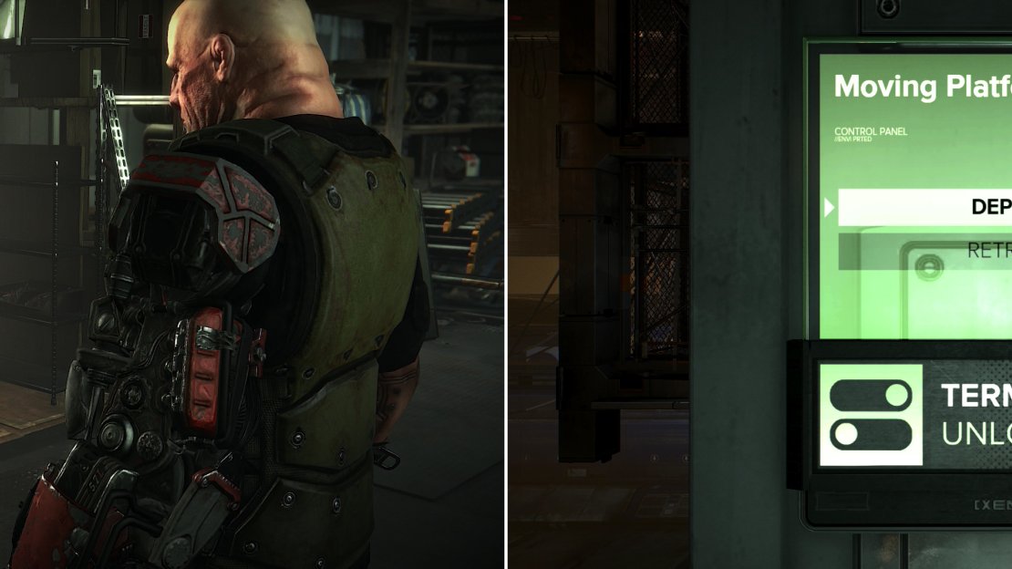 Past the Stedry Market you’ll come face to… chest…. with Marchenko (left). Hack a Keypad to deploy a bridge, which will shorten your trip considerably (right).