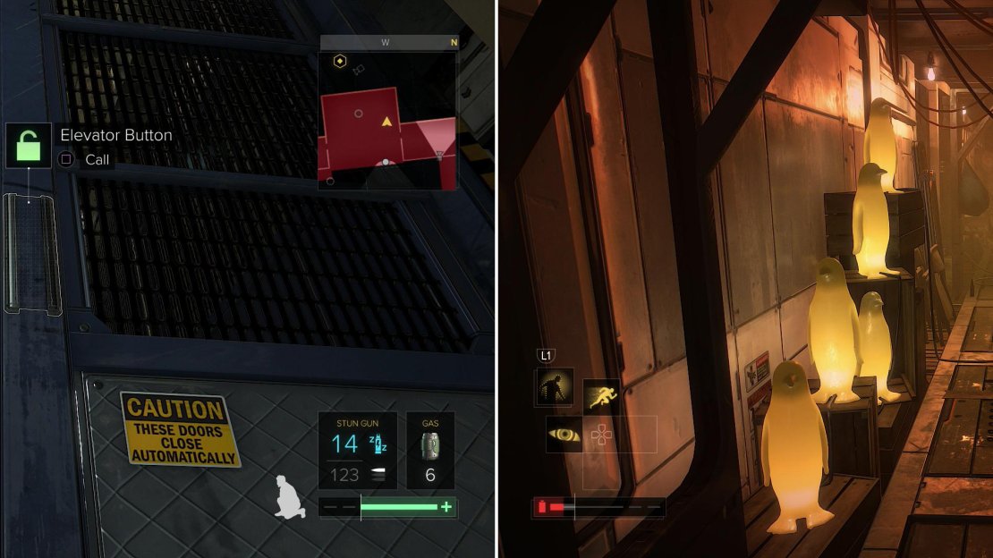 Sneak into the elevator and ride it down (left) and make your way through the magical golden penguin court! (right)