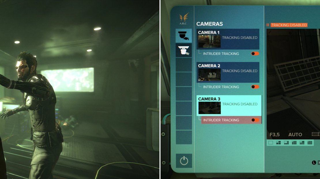 Dispatch the ARC Soldiers in the security room (left) and disable the cameras on the level (right).