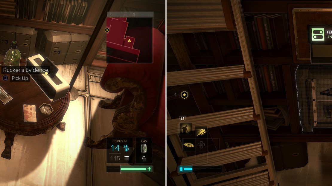 Pick up Rucker’s Evidence (left), then loot his safe to find a variety of goodies (right).