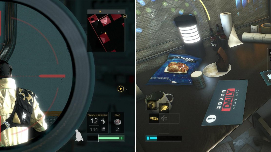 From the heights of Hangar 1 you can snipe an isolated guard (left). Enter a security room and grab a variety of collectibles (right).