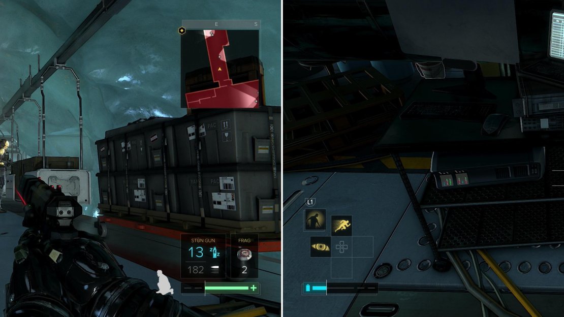 Pop out of a blue electrical pipe and dispatch a room full of guards (left) then grab Triangle Code #28 (right).