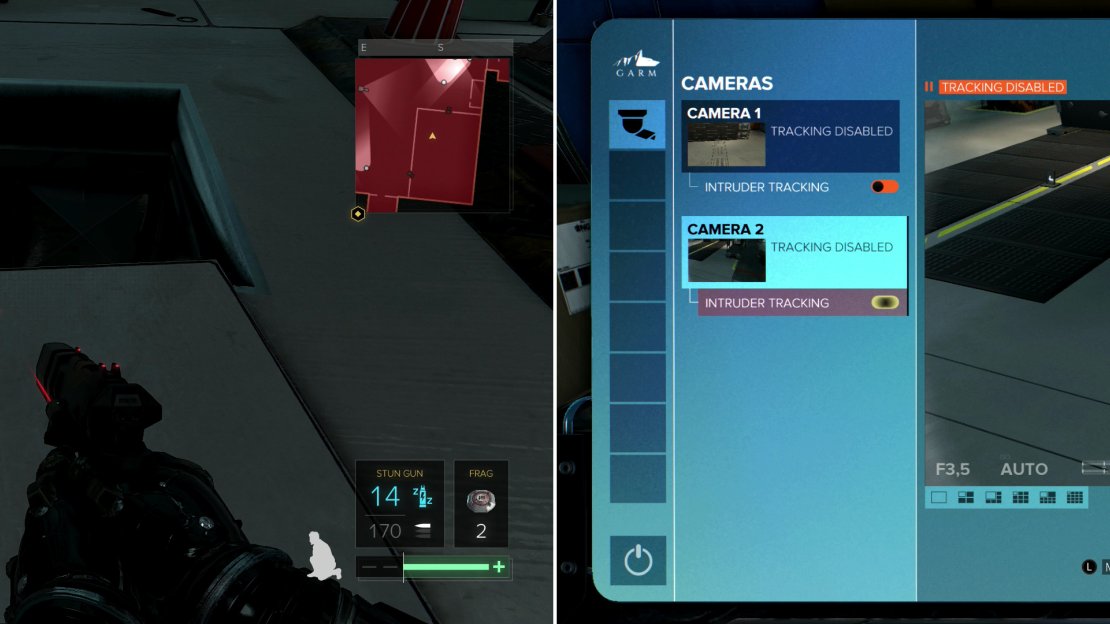 Head into a tent in Hangar 2 to find a hatch (left) which you can use to reach some lightly-guarded security computers (right).