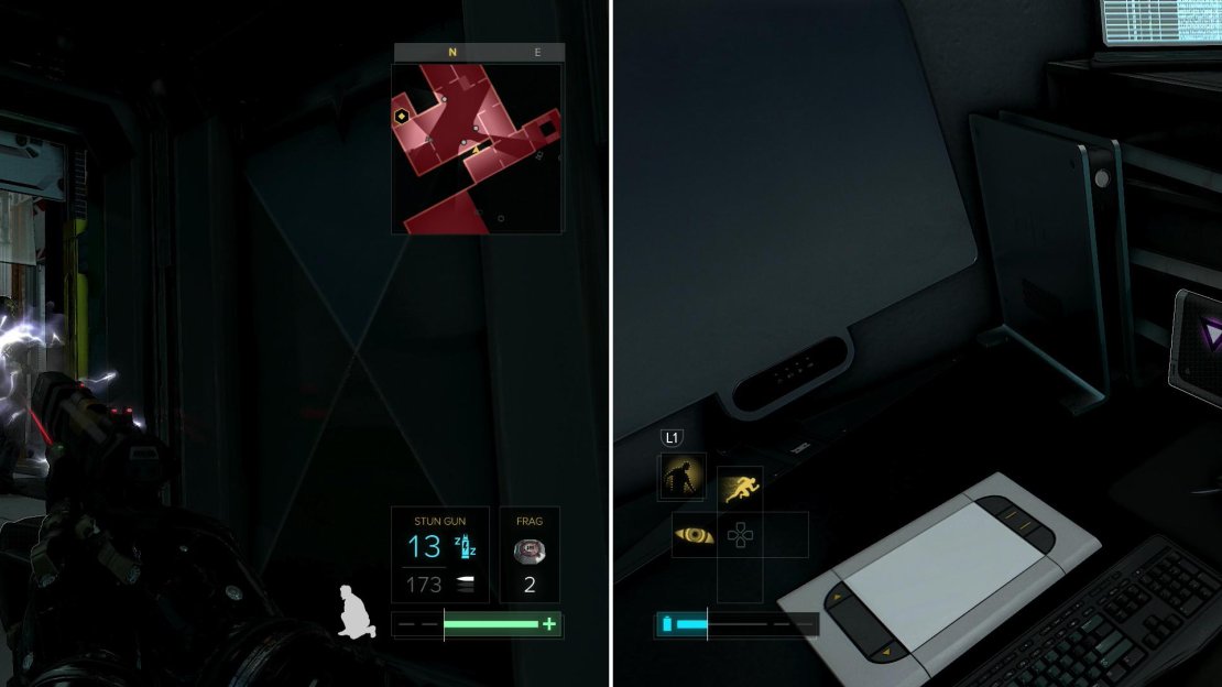 A vent gives you a fine vantage point from which to dispose of some guards (left), after which you can grab Breach Software #16 (right).