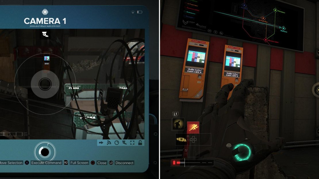 Hack a security computer and disable the camera in the Capek Station (left), and after you take down a guard, Remote Hack the laser grid to clear the way (right).