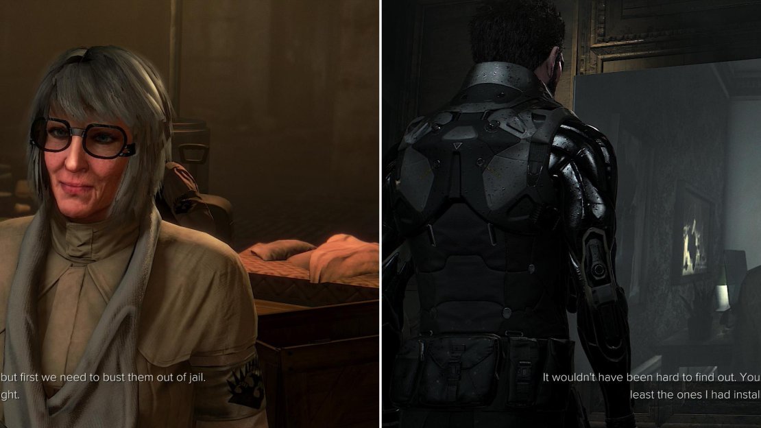While you’re in southern Prague, be sure to visit Little K in the sewers (left) and check in with Sarif one last time for a startling revelation (right).