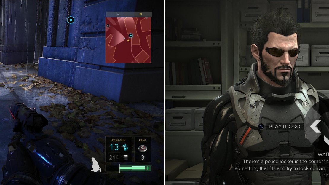 Sneak to the temporary police station near the Monument Station (left) and release the captive members of Samizdat. Be sure to tell them to “Play it cool”. (right).