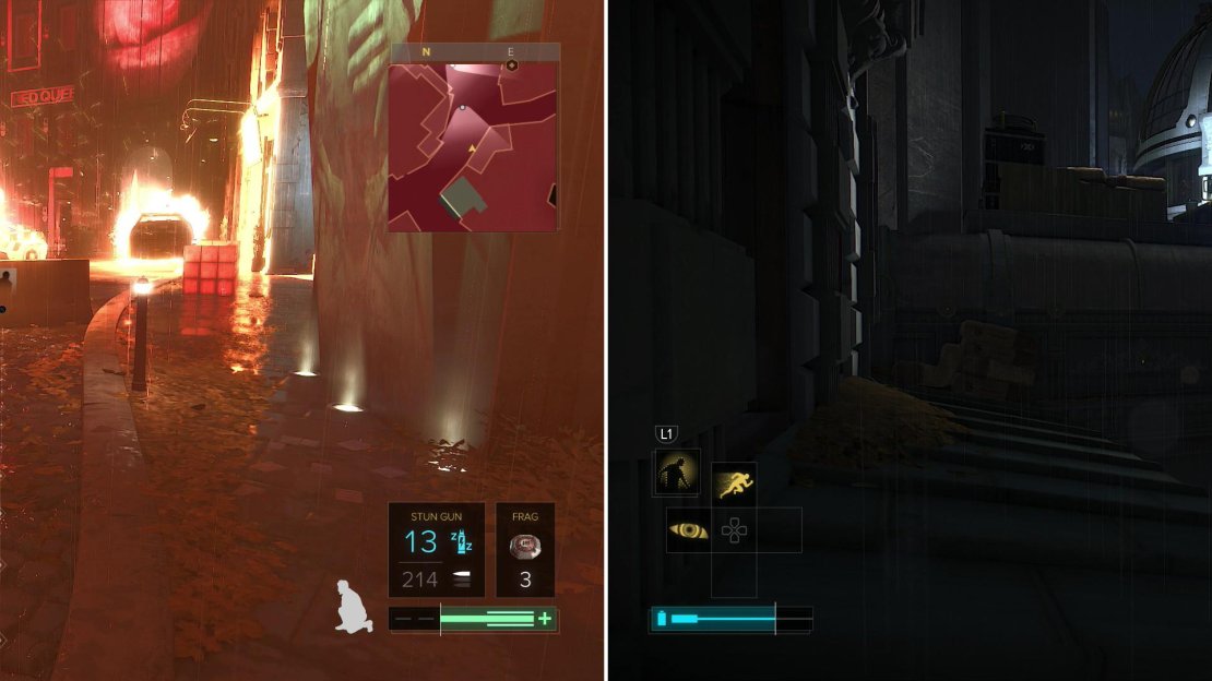 If you helped her out earlier, Eliza will show up to return the favor (left). Sneak through Dvali Territory and reach the roof of the theater (right).
