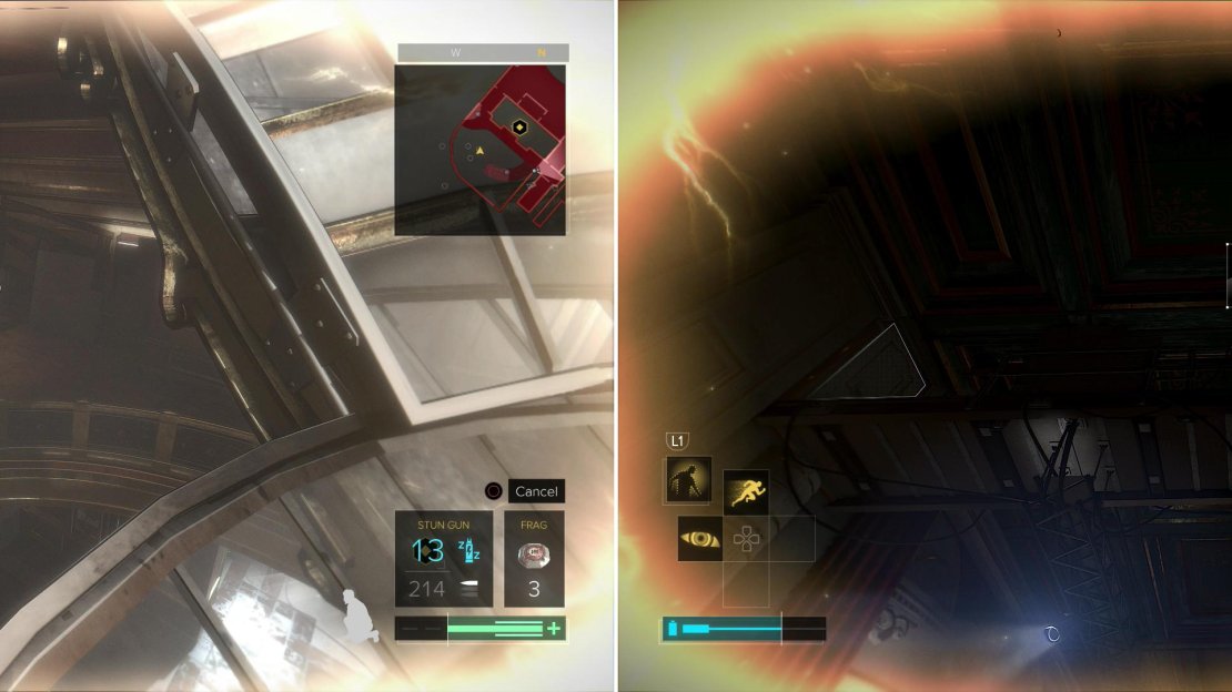 Use Icarus Dash to move from the glass bowl to the balcony (left) then again to travel from another balcony to the rafters (right).