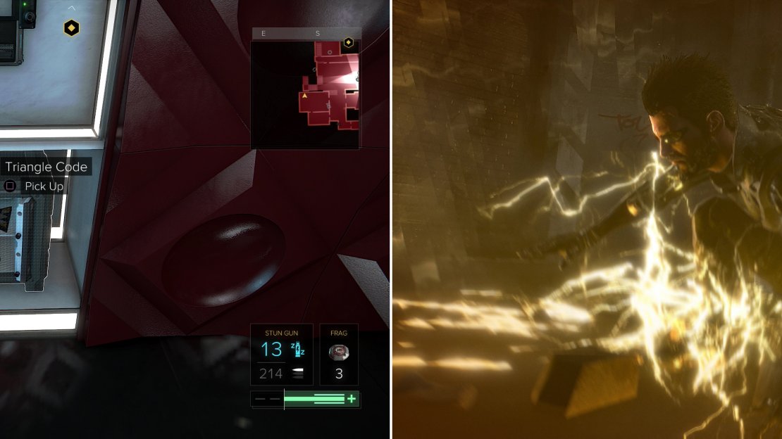 Search the hidden safe for a variety of goodies (left) then use a passage opened by a security computer to quickly escape (right).